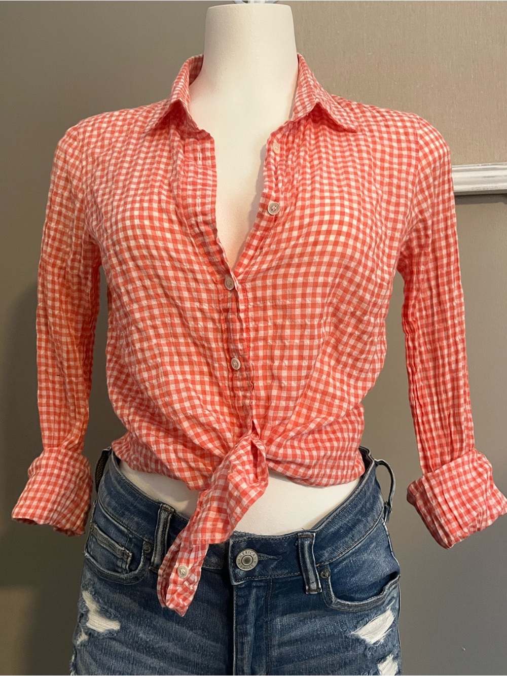 Women's Coral Gingham Button-Up Tie-Front Shirt